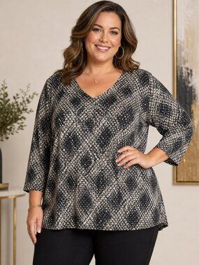 Brittany Black. Size 3X  Tan  & Black Abstract Scoop-Neck Tunic